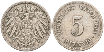 ГЕРМАНИЯ 5 ПФЕННИГОВ 1904 А, KM 11, J. 12 медно-никель 73-1753