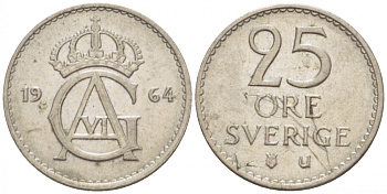 Швеция 25 эре 1964 U Густав VI Адольф (1950-1973) KM 836 медно-никель 3955-359