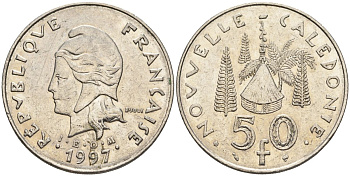 Французская Новая Каледония 50 франков 1997 хижина среди сосен и пальм, (IEOM) KM 13, Schoen 15, Lec 121 никель 4123-422