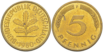 ФРГ 5 ПФЕННИГОВ 1980 F KM 107, J. 382 сталь плакированная латунью 4181-967