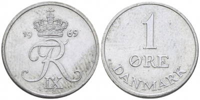 ДАНИЯ 1 ЭРЕ 1969 С; S, ФРЕДЕРИК IX (1947-1972) КМ 839.2 цинк 3309-114