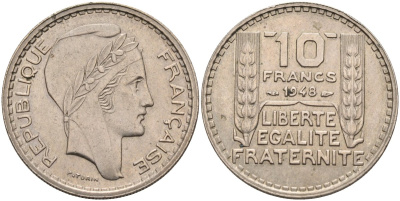 Франция 10 франков 1948 тип Пьер Турин KM 909.1, Le Franc 362.3 медно-никель 81-1131