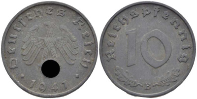 ГЕРМАНИЯ 10 РЕЙХСПФЕННИГОВ 1941 F KM 101, J. 371 цинк 4401-746