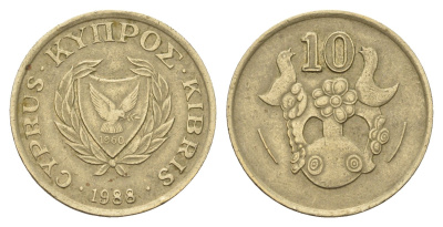 Кипр 10 центов 1988 KM 56.2 никель латунь 3459-814