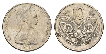 Новая Зеландия 10 центов 1981 Елизавета II (1952-2022), маска маори KM 41 медно-никель 4652-645