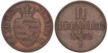 Саксен-Альтенбург 2 пфеннига 1852 F, Георг (1848-1853) KM 26 медь    188-463