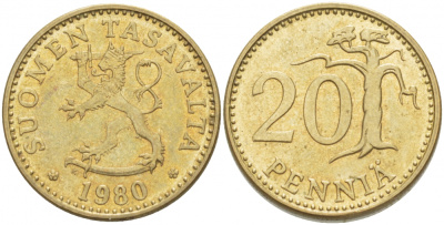 ФИНЛЯНДИЯ 20 ПЕННИ 1980 K KM 47 алюминиевая бронза 3718-647