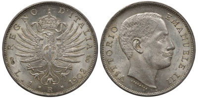 Италия 1 лира 1902 R, Виктор Эммануил III (1900-1948), Савойский орел (символ Рима) KM 32 серебро 00-820-47