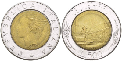 ИТАЛИЯ 500 ЛИР 1991 R, КРИВИНАЛЬСКИЙ ДВОРЕЦ В РИМЕ KM 111 биметалл 4551-551