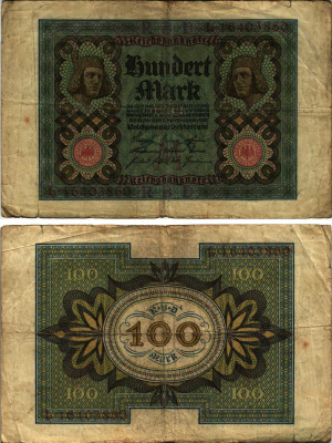 Германия 100 марок 1920 Бамбергский всадник, 8 цифр в номере, буква M Pick 69 b, Розенберг 69b бумага 8609-56-2