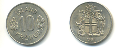 Исландия 10 крон 1967 KM 15 медно-никель 86-913