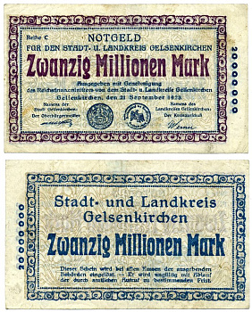 ГЕЛЬЗЕНКИРХЕН 20000000 марок (20 миллионов) 1923 21 сентября 1923, нотгельд, земля Северный Рейн-Вестфалия, REIHE C Keller 1710s бумага 2193-31-2-1