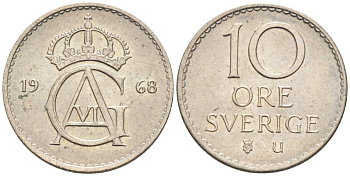Швеция 10 эре 1968 Густав VI Адольф (1950-1973) KM 835 медно-никель UNC 4585-368