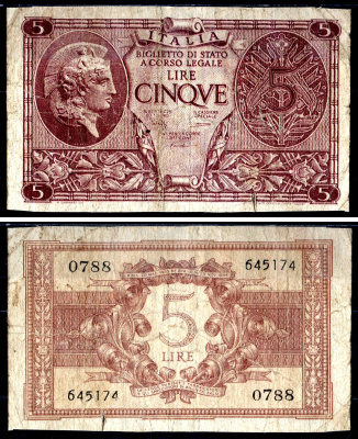 Италия 5 лир 1944 Pick 31 c бумага 7551-6-1-1
