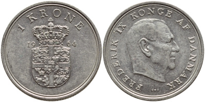 ДАНИЯ 1 КРОНА 1964 C; S, ФРЕДЕРИК IX (1947-1972) KM 851.1 медно-никель 4398-1017