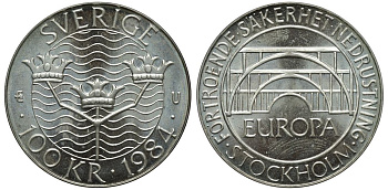 Швеция 100 крон 1984 Карл XVI Густав (1973- ), Стокгольмская конференция KM 863 серебро BUNC 4111-1224