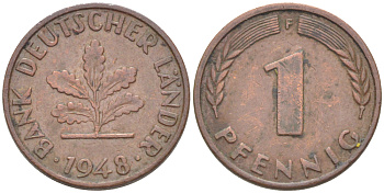 ФРГ 1 ПФЕННИГ 1948 F KM A101, J. 376 сталь плакированная медью 4181-528