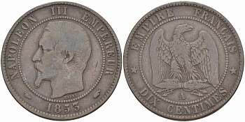 ФРАНЦИЯ 10 САНТИМОВ 1855 A, НАПОЛЕОН III (1852-1870) KM 771.1, LE FRANC 133.18 бронза 38-1112