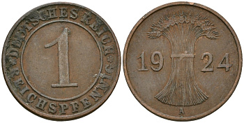 Германия 1 рейхспфенниг 1924 A KM 37, J. 313 бронза 4189-1058