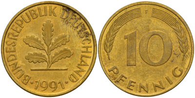 ФРГ 10 пфеннигов 1991 F J. 383, KM 108 сталь плакированная латунью    4603-634
