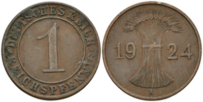 Германия 1 рейхспфенниг 1924 A KM 37, J. 313 бронза 4189-1058