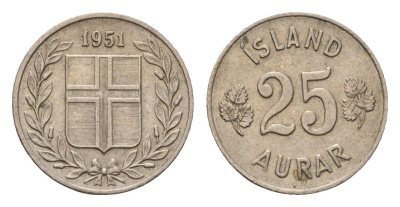 Исландия 25 эйре 1951 KM 11 медно-никель 4690-566