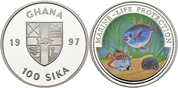 Гана 100 сика 1997 серия защита морской жизни, две рыбки, цветная эмаль KM Х#22а серебро PROOF 00-000-00