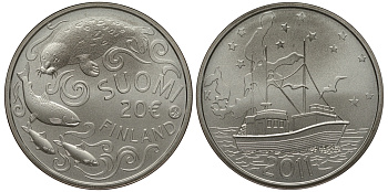 Финляндия 20 евро 2011 защита Балтийского моря, нерпа, сертификат KM 169 a серебро UNC 1066-8-41