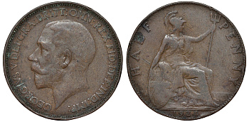 Великобритания 1/2 пенни 1924 Георг V (1910-1936) KM 809, Spink 4056 бронза 51-1237