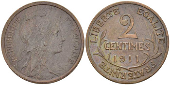 ФРАНЦИЯ 2 САНТИМА 1911 ТРЕТЬЯ РЕСПУБЛИКА (1871-1940) KM 840, LE FRANC 105.13 бронза 201-844