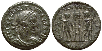 Римская Империя центенионалий 332 Констанций II цезарь GLORIA EXERCITVS Кизик Good Very fine (степень редкости R4) RIC 101 бронза 270-212