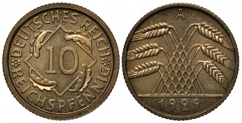 Германия 10 рейхспфеннигов 1929 A, KM 40, J. 317 алюминиевая бронза PROOF 00-806-71