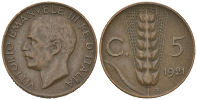 Италия 5 чентезимо 1921 R, Виктор Эммануил III (1900-1946) KM 59 бронза 4615-618
