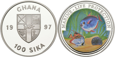 Гана 100 сика 1997 серия защита морской жизни, две рыбки, цветная эмаль KM Х#22а серебро PROOF 00-000-00