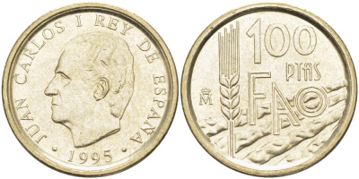 ИСПАНИЯ 100 ПЕСЕТ 1995 FAO, ХУАН КАРЛОС I ( 1975-) KM 950 никель латунь 4185-1022