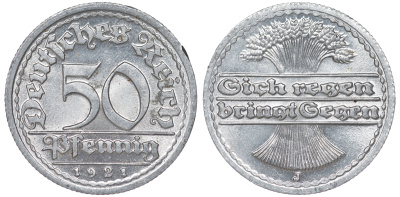 Германия 50 пфеннигов 1921 J KM 27, J. 301 алюминий aUNC 4114-912
