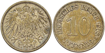 ГЕРМАНИЯ 10 ПФЕННИГОВ 1908 E KM 12, J. 13, Weege 8 медно-никель 212-122