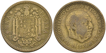 Испания 1 песета 1953 (?) Франсиско Франко (1939-1975) KM 775 алюминиевая бронза 3336-342