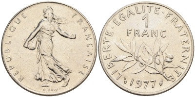 Франция 1 франк 1977 сеятель KM 925.1, LE FRANC 226.22 никель      4603-126