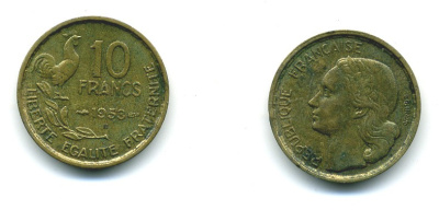 Франция 10 франков 1953 B, петух KM 915.2, Le Franc 363.9 алюминиевая бронза 84-812