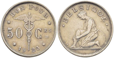 БЕЛЬГИЯ 50 САНТИМОВ 1923 BELGIQUE KM 87 никель 214-424