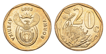 ЮАР 20 центов 2000 герб, цветок протея KM 225 сталь плакированная латунью UNC 4690-1033