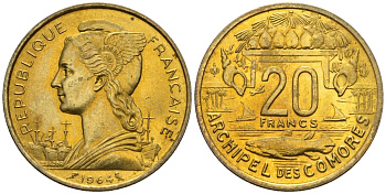 Французские Коморские острова 20 франков 1964 рыба KM 8 алюминиевая бронза UNC 1527-914