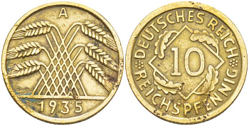 ГЕРМАНИЯ 10 РЕЙХСПФЕННИГОВ 1935 A KM 40, J. 317, Weege 9 алюминиевая бронза 212-756