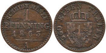 Пруссия 1 пфенниг 1863 А, Вильгельм I (1861-1888) KM 480 медь 4532-435