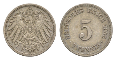 Германия 5 пфеннигов 1905 A, Вильгельм II (1888-1918) KM 11, J. 12 медно-никель 4640-117