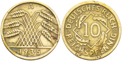 ГЕРМАНИЯ 10 РЕЙХСПФЕННИГОВ 1935 A KM 40, J. 317, Weege 9 алюминиевая бронза 212-756