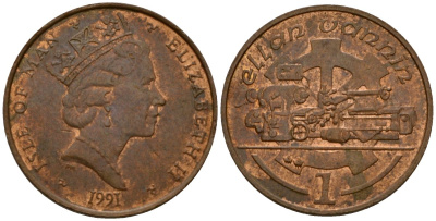 Остров Мэн 1 пенни 1991 AA, токарный станок, Елизавета II (1953-) KM 207 бронза 4602-831