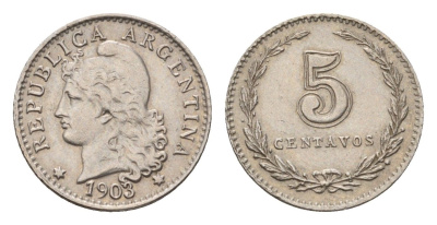 Аргентина 5 сентаво 1903 KM 34 медно-никель 4674-1015