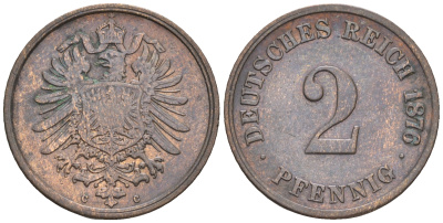 Германия 2 пфеннига 1876 C, старогербовка KM 2, Jager 2, Weege 3 медь 4147-223